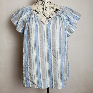 Gap Ruffled Capped Blue & Cream Cotton Top - Medium